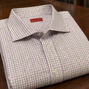 Isaia Lavender, White, and Lime Green Micro-Check Dress Shirt